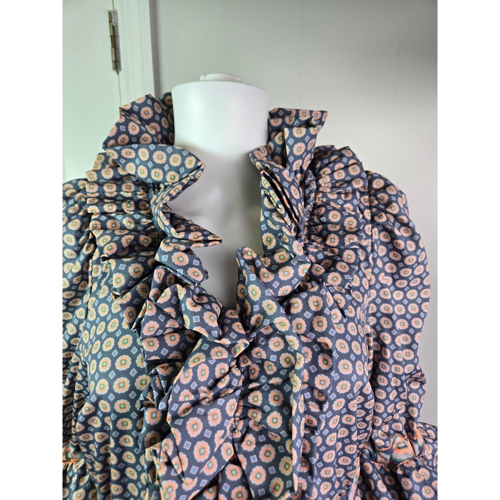 Gretchen Scott Ruffle Collar Tiered Maxi Dress‎ Blue Orange Geometric Floral S - Picture 3 of 12